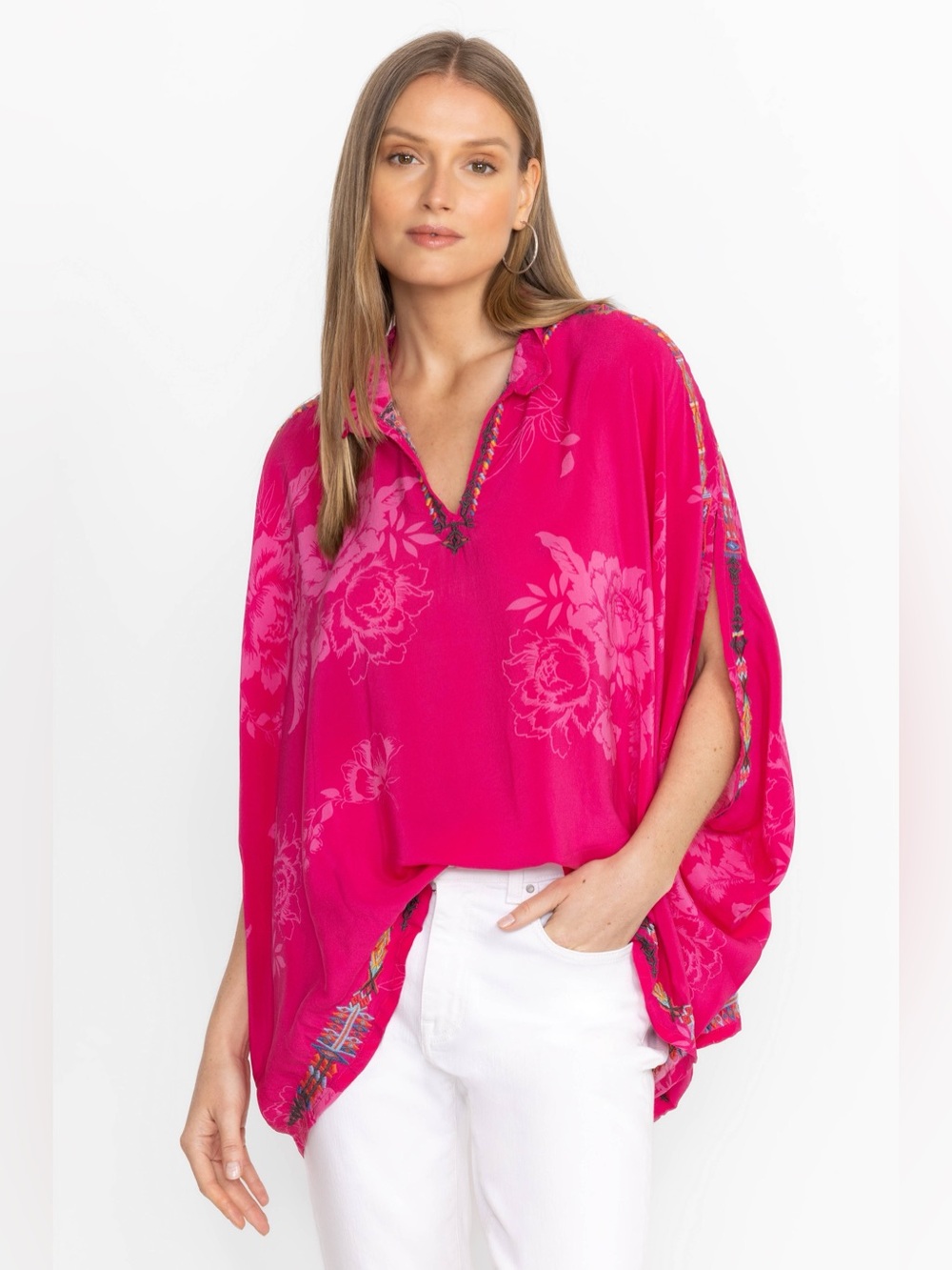 Johnny Was Bright Fuchsia Floral V-Neck Tunic Top